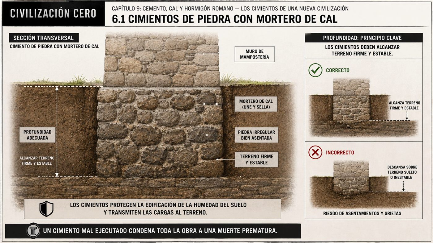 Cimientos de piedra con mortero de cal